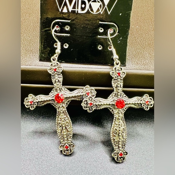 NWT Dolls Kill Widow Red Gemstone Silver Antiquated Silver Cross Drop Earrings - Picture 4 of 7